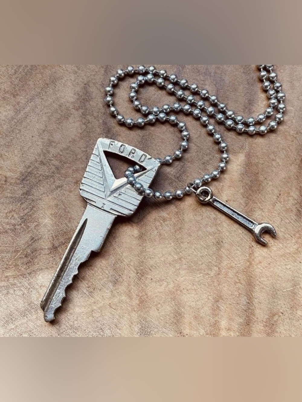 Vintage Ford key necklace with mini wrench charm
